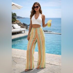 Oscar by Oscar de la Renta Silk Pants | Size 12 | Pastel Striped Wide Leg | Y2K